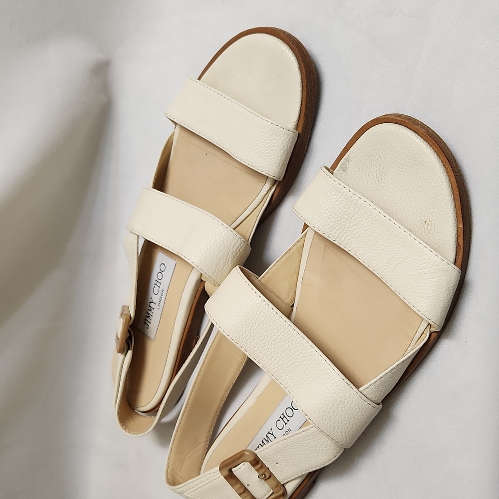 Jimmy Choo London Open Toe Leather Elegant Cream Sandals (w size 39.5) - Picture 9 of 14